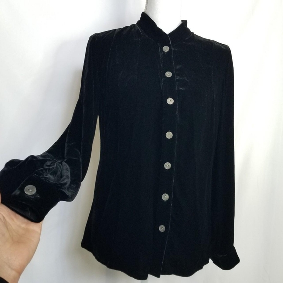 J.jill black silk & rayon black velvet velour long-sleeve blouse shirt top sz Sm - Picture 3 of 8